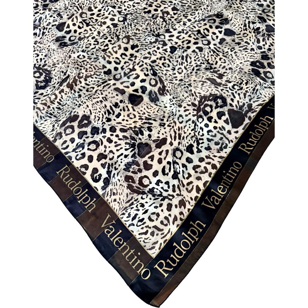 Vintage Rudolph Valentino Silk Leopard Print Scarf 1980s Black Gold Border 35x35 - Picture 7 of 9